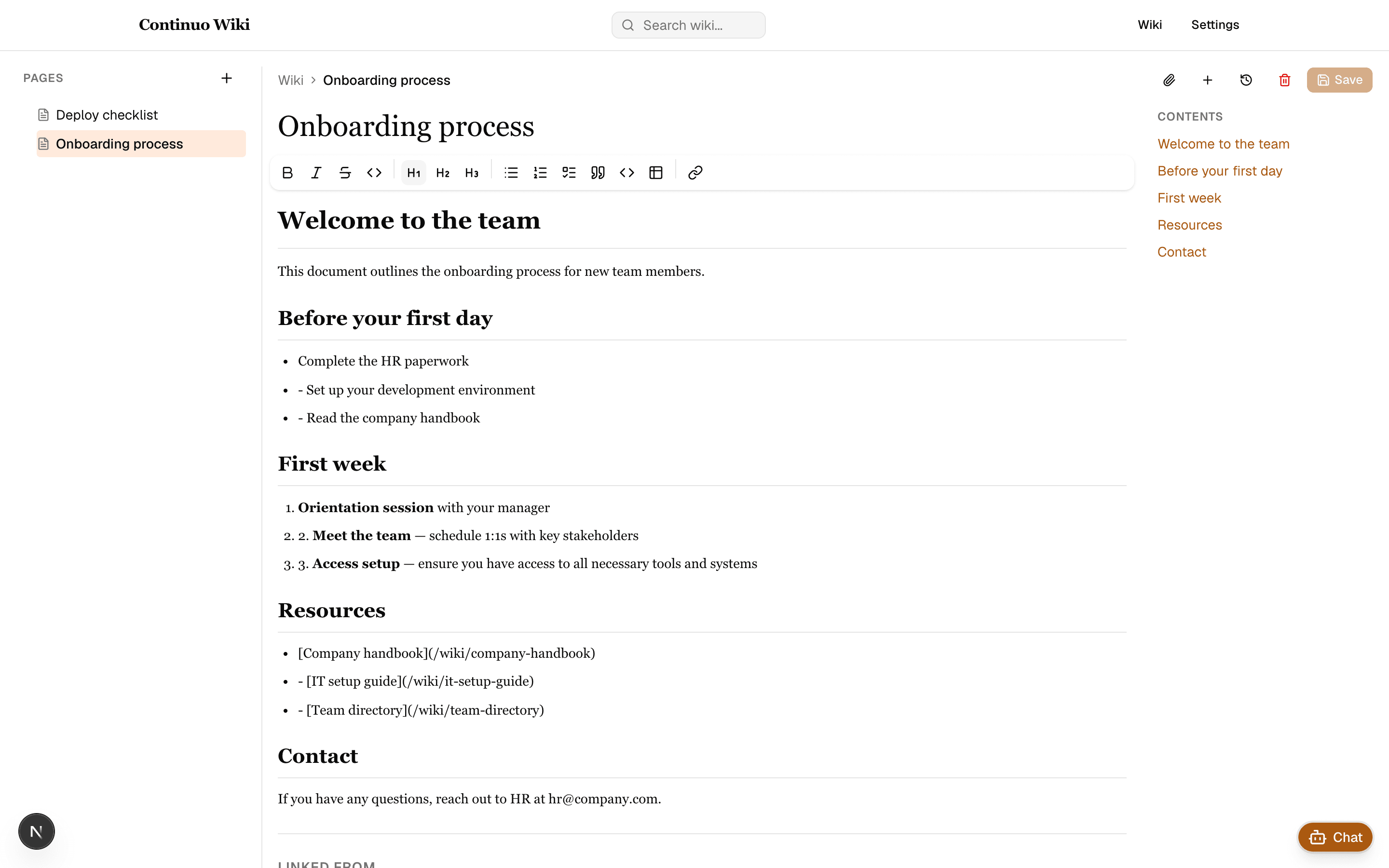 Sofie Wiki knowledge base article with table of contents and revision history